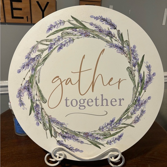 Home Decor - Gather Together Wooden Round Sign & White Stand -17 in. Width - Picture 1 of 10